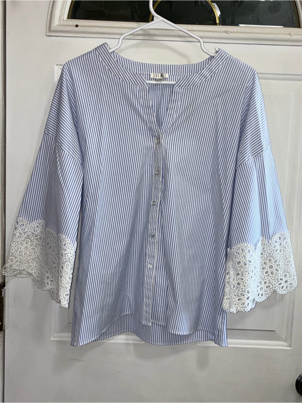 Spense Blue and White Striped Button-Front Blouse with Eyelet Lace Cuffs